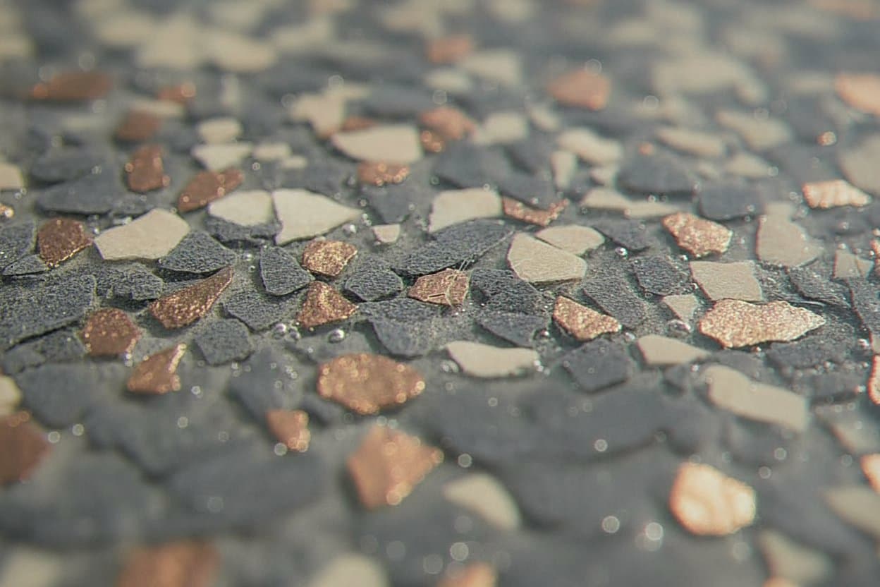 Close-up flake texture under polyaspartic topcoat.