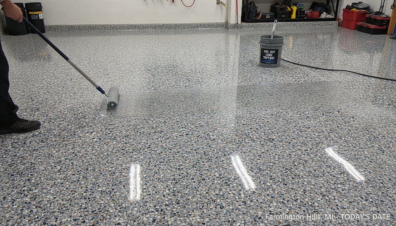 Garage under polyaspartic topcoat at golden hour.